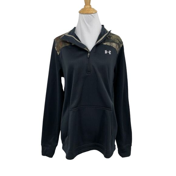 Under Armour Shirt Women M Medium Black Camo Caliber Half Zip Loose Fleece Lined - Picture 1 of 14